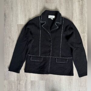 Black Women's Boiled Wool Blazer Jacket with White Stitching